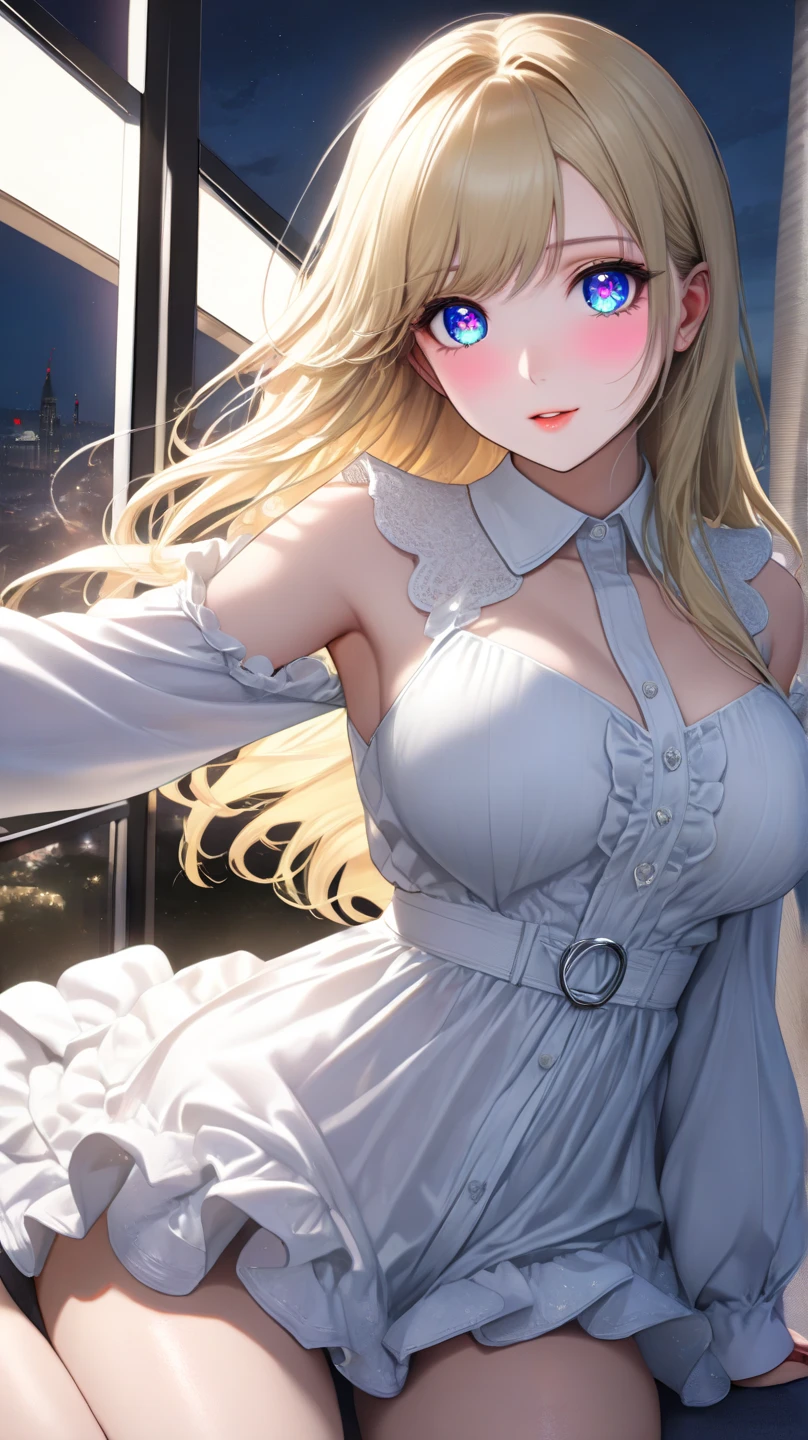 Anime style, super fine illustration, super clear illustration, highly detailed, beautiful detailed, super pale tone image, super delicate illustration, super calm & static image, sexy posing image, static representation, gentle expression, 8k, angle from behind, pretty 1girl with blonde straight short hair & blue eyes & a bright smile & Big breasts & wide hips & pink nipples & soft fair skin is wearing the Traditional maid dress not to show her skin in the urban room, maid cosplay, in the midnight, night view throught the window, solo, perfect fingers, perfect arms, perfect legs, masterpiece.