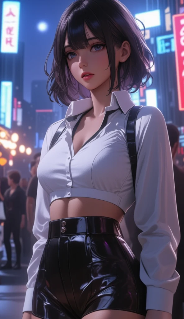 masterpiece, best quality, extremely detailed, hyperrealistic:1.1, photorealistic, a beautiful 20s russian model, ultra detailed face:1.1, white long sleeve shirt, purple pants:1.1, medium hair, black hair, extra arms:1.2, 10 arms:1.2, raising arms, intersection, in the night:1.1, laughing:1.1, dancing