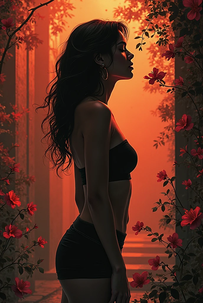 Etching of a woman in an alien garden, nature at sunset, Paradise Lost, spiritual, sci-fiction surreal, trees, fine art, tanned skin, highly detailed, smooth, very sharp focus, black eyes, entire image, illustration, bathing in light, ultra realistic illustration, high contrast, complementary colors,