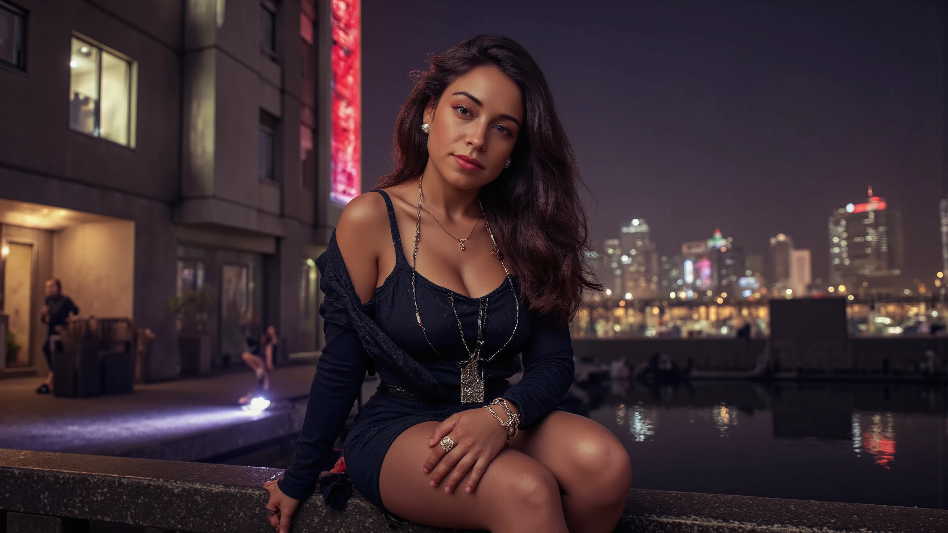 An athletic female is posing in a western cyberpunk city near a cyberpunk sports car (the "Flux-Hi" "v8" model, from the brand "Dream Diffusion"), at night, wearing a futuristic outfit (including high-heels) and adorned with intricate neon and rich jewellery. Autumn, wind, horizon, sharp light and shadows, cityscape, panorama. Her hair is beautifully styled. She has an highly defined body, highly defined muscles, extremely detailed realistic natural skin with skin pores, shiny skin, perfect hands, perfect eyes, ultra detailed body, ultra detailed face, ultra detailed feet, ultra detailed hands, ultra detailed eyes. Breathtaking attention to details, neon lights, RAW photo, photorealistic, ray tracing, UHD, DSLR, 16K, HDR, cinematic, masterpiece, award winning, beauty and aesthetics, high contrast, fine details and textures.