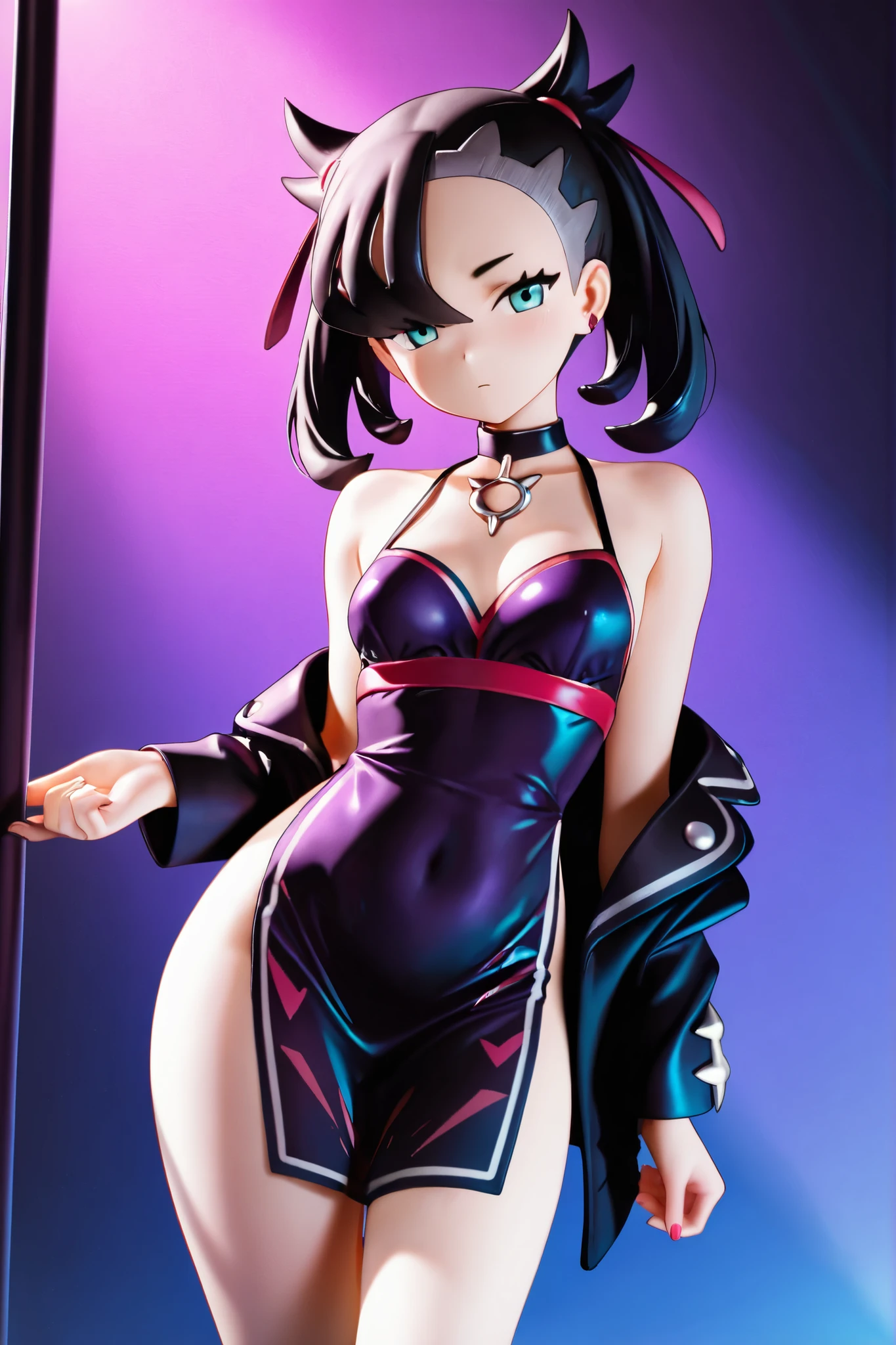 ((Highest quality)), ((masterpiece)), (detailed), (Character Focus、breast focus,whole body), Anime 2D Rendering, Realistic young anime woman, Five Fingers, Perfect Face, Beautiful details, Beautiful body, Beautiful breasts, Beautiful thighs, (Small breasts)、Beautiful legs, (White beautiful skin), Baby Face、 girl、一人のgirl, Black Hair、(short hair), (Purple Bodycon、latex)、(Knee-high stockings、High heels), Wicked Smile、((Grin))、A beautiful face and a charming smileを持っています,She turns her face and body towards the viewer,A beautiful face and a charming smile,頭から足元までwhole bodyが見える、Are standing、