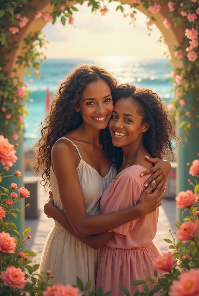 a brown woman with a hibiscus in her hair fixing her friends and putting a hibiscus in her curly hair in landscape mode