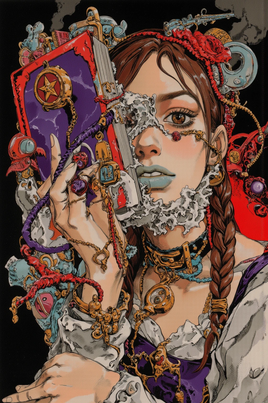 book bookmarks entangled in the hands, insanity and intelligence,insanity in the back of the eye,the book itself has an eerie presence
,with dark eye makeup and dark eye makeup and dark circles under the eyes,frayed or torn at the hem and cuffs,slender waist,old key necklace,earrings on one side only,read the book with one hand and the other hand unwittingly pulls her hair {x} with long, disheveled hair, and some are tied with braids or ribbons、overall unkempt hair,the corners are worn out and read,The details of the book are a five-pointed star pattern on the cover,crazy with open pupils,The inner world of the autism spectrum,with a corset,Black smoke from a book,Mysterious maniac with a book The woman who did,classical dress that uses a lot of frills,color palette is black、deep red、Purple、gray、antique gold,brown,surreal collage, a contemporary artistic collage, collage artwork,a jacket from a new album     ,    great job!! , digital collage, ( collage ), collage art, contemporary collage, mixed media collage,surreal +high image quality,surreal style,convertible,Victorian style gothic dress,Mysterious Symbols,eye object，piled up books,clock,character