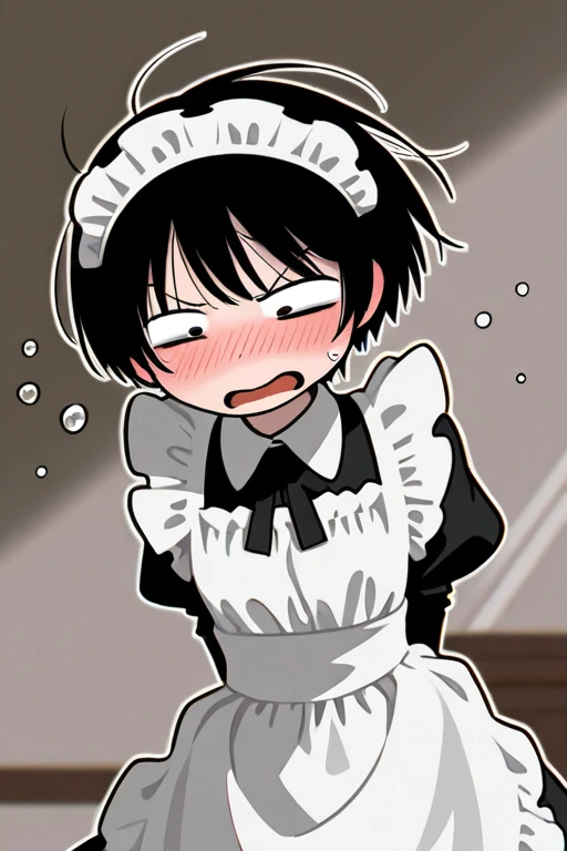 Anime, girl, cute girl, slave, maid, maid uniform, shoes, slave collar, shackles, cold, runny nose, nasal mucus, snot, snot from the nose, handkerchief, you need to sneeze, sneeze yourself, sneeze snot from your nose, desperately want sneeze, cover your nose with your right hand, urinary incontinence, peed, need to pee, pee yourself, pee, pee yourself, cry, really desperately want to pee, scat, diarrhea, crap yourself, need to poop, need to poop, poop in your panties, poop yourself, poop, sneeze, pee and pee yourself: 1.3), desire to sneeze, desire to pee, desire to poop tightly covering the perineum, knees together, feet apart: 1.6), (hand between legs, leaning forward: 1.3), (shaded face, despair, anxiety, sigh, full face flush, embarrassment, looking away: 1.5), (girl can't stand up straight: 1.5), full body, (ultra detailed face, best quality: 1.5), ( from the side), standing, living room, full height. Pee on the floor and pooped on the floor