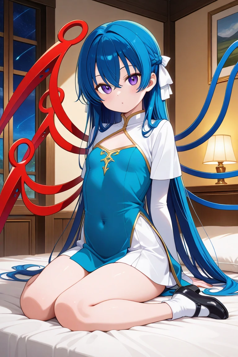 Sexy face、Cute woman、Capture the lower body、A slightly lower view、Cowgirl、Nipples are erect、Dark Blue Hair、blue eyes、Wide-open eyes、A cross in the eye、Long hair divided into two at the back、2 Ahoge、Blue Chinese clothing、There are no sleeves so the armpits are visible、She spreads her legs and straddles the man's penis.、Suffering face、Sweating、tears、Drooling、Eyes are hearts、Droolingが糸を引いている、Painful face、Trembling、Sticking out tongue、Semen from the vagina、orgasm