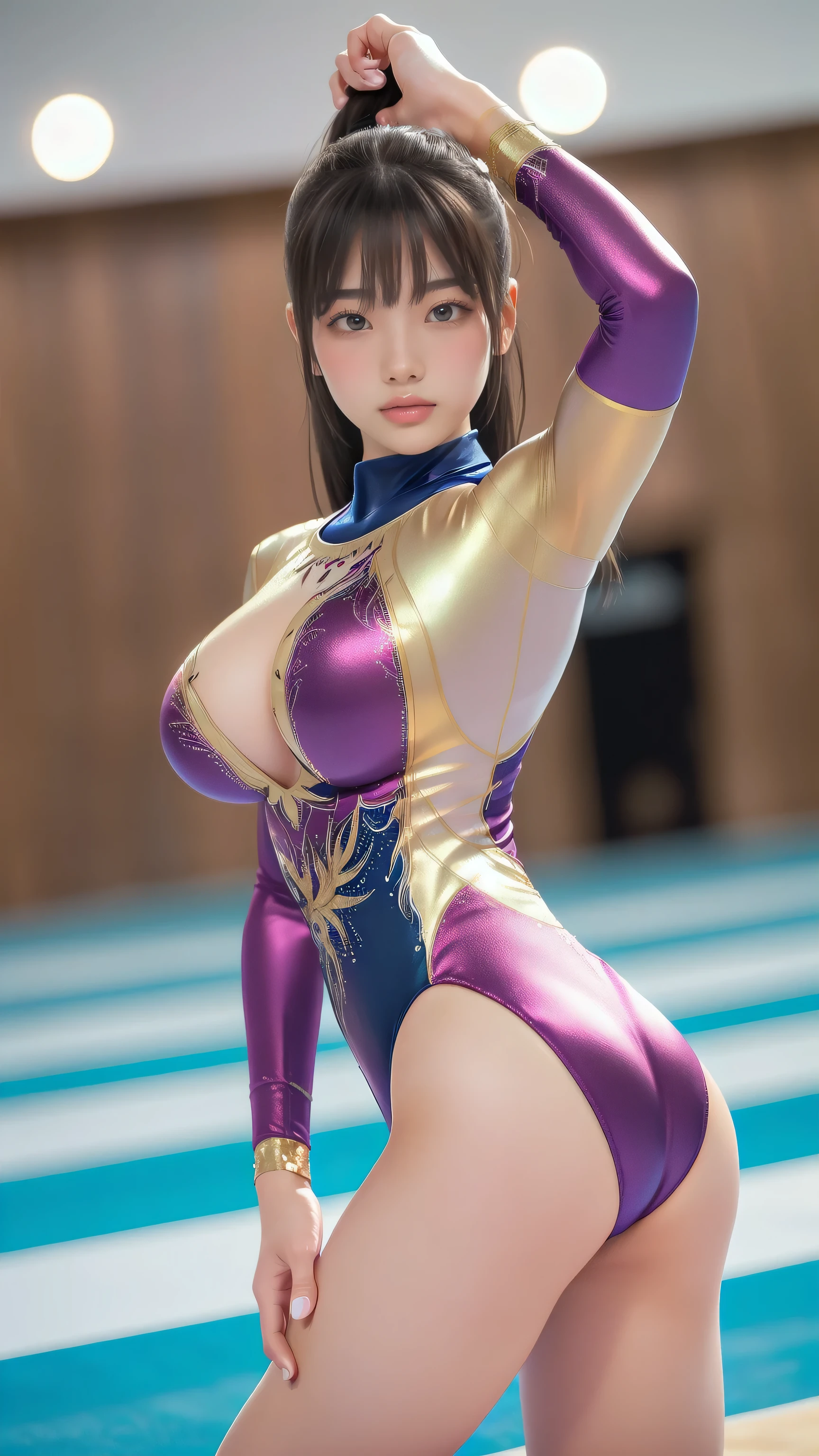 woman:1 person, ((Highly detailed skin), Beautiful realistic face, White skin, Pointed Chest, Erect nipples, Perfect Anatomy, Realistic eyes, Very beautiful eyes, Brown eyes, Accurate eye focus, Accurate limbs), (Hyper Realist, Ultra-realistic, 4k, Attention to detail, Ultra-high resolution, highest quality, masterpiece, Presence, dynamic, bold, Sharpness), (Thinning hair:2), (Soft Hair:2), (Straight hair:1.5), Long, slicked bangs, Very light coppery amber hair, Hair on one eye, Twin tail hair, (Female gymnast, Detailed costume, Wearing a long sleeve leotard:1.5), Shiny long sleeve leotard, Gold long sleeve leotard, SilverLong Sleeve Leotard, Metallic colors long sleeve leotard, Racing long sleeve leotard, Gymnastics Long Sleeve Leotard, High leg long sleeve leotard, Aurora colored long sleeve leotard with crystals, ({Pink| Gold| silver| Wine Red| Navy| Purple color| Metallic colors|}Long sleeve leotard colors), Big Breasts:1.2, Tall, Long, slender limbs, On all fours, I'm sticking my butt up, Sticking out her butt, Accentuate your buttocks, The long-sleeved leotard is digging into her butt, back, Looking Back, whole body, Put your chest close, Accentuate your breasts, barefoot, Looking into the camera, (Gymnastics Venue:1.3), Nikon, Canon,