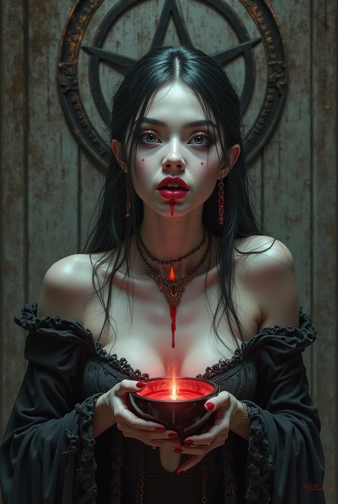 create a woman with evil eyes of a scary yellow with a black leather outfit holding a chalice of blood with the words: superb