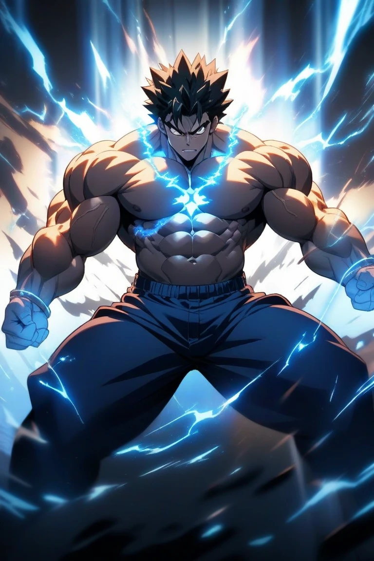 Muscular young man in a hero leotard with a blue and white porcelain theme