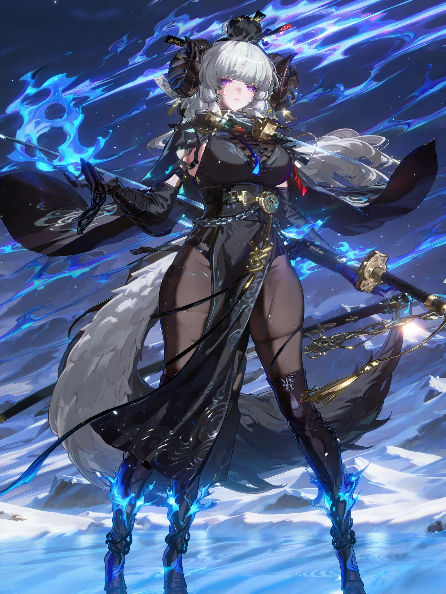 woman, sheep anthromorph, ram beast, white and black coat of cotton, blue talisman on her ram horns, snowy mountain, large breasts, fullbody, slean model body, long model legs, long black cape, cute pelvic curtain dress, chain belt on her waist, big wolf tail, holding a huge katana, black dress with waves patterns, black horns Magic blue flames on her horns, tail and sword, bluish purple eyes, talismans in blue flames around her