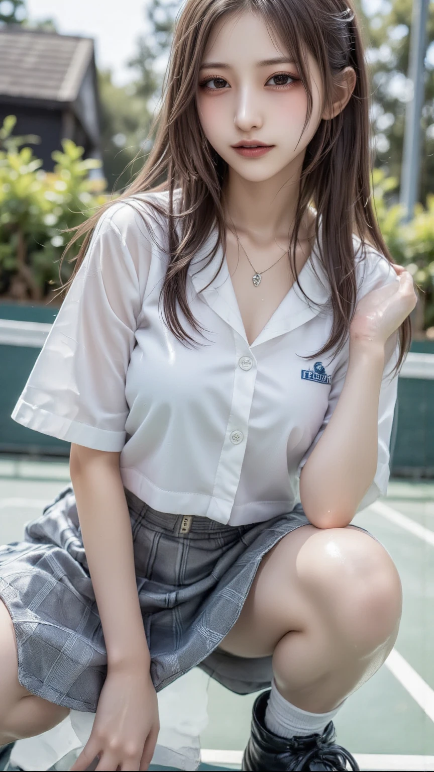 ((Building Rooftop: 1,3)),(table top:1.3), (8K, realistic, Raw photo, highest quality: 1.4), Japanese, (1 girl), beautiful face, (realistic face), (black hair), beautiful hairstyle, realistic eyes, detailed and beautiful eyes, (realistic skin), beautiful skin, Charm, 超A high resolution, surreal, very detailed, golden ratio,1 girl,(18-year-old:1.5),small breasts,japanese girl ,smile,tennis,Tennis wear,insufficient,yonex,wavy hair,(medium hair),Hyper Detail Hair,Photo of Pretty Japanese girls,hair blowing in the wind, confronting,short sleeve、(No bra)(small and beautiful、hard(thin, Damp buttons down shirt length:1.1)、(Rain-soaked tennis wear)、wet body:1.1, (children's pants) ), (torn skirt:1.1),Tennis court on the roof of a building、Late night lighting、,((A thin, see-through))tight-fitting Underwear with straps)),((She was unaware that her nipples were showing through her Underwear set with stockings)),