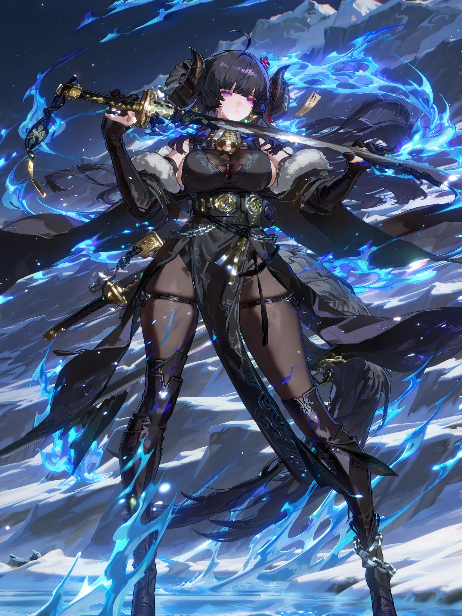 woman, sheep anthromorph, ram beast, white and black coat of cotton, blue talisman on her ram horns, snowy mountain, large breasts, fullbody, slean model body, long model legs, long black cape, cute pelvic curtain dress, chain belt on her waist, big wolf tail, holding a huge katana, black dress with waves patterns, black horns Magic blue flames on her horns, tail and sword, bluish purple eyes, talismans in blue flames around her, black ans white long hair.