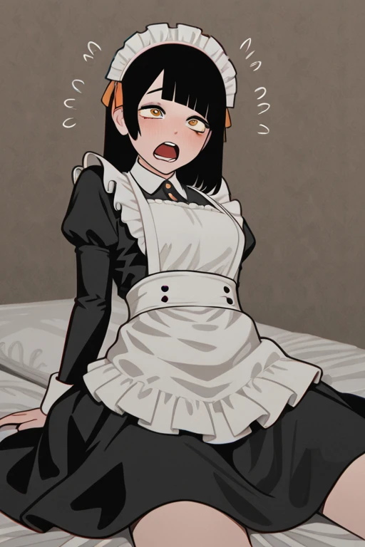 nsfw,1girl,Solo,Face focus,(:>=:1),irrumatio,(deepthroat:1.4),(Fellatio:1.5),(cheek_bulge),blackhair,purple red,Maid,black skirt,red bow,black Shiny pantyhose,Large sleeves,(1body:1.3),(erection),(looking_at_penis:1.3),(handsjob:1.5),masterpiece, best quality, very aesthetic, absurdres,pov Crotch,(Between legs:1.5),(Steaming body:1.5),(steam),(Sweaty),(cum:1.5),(dark room)