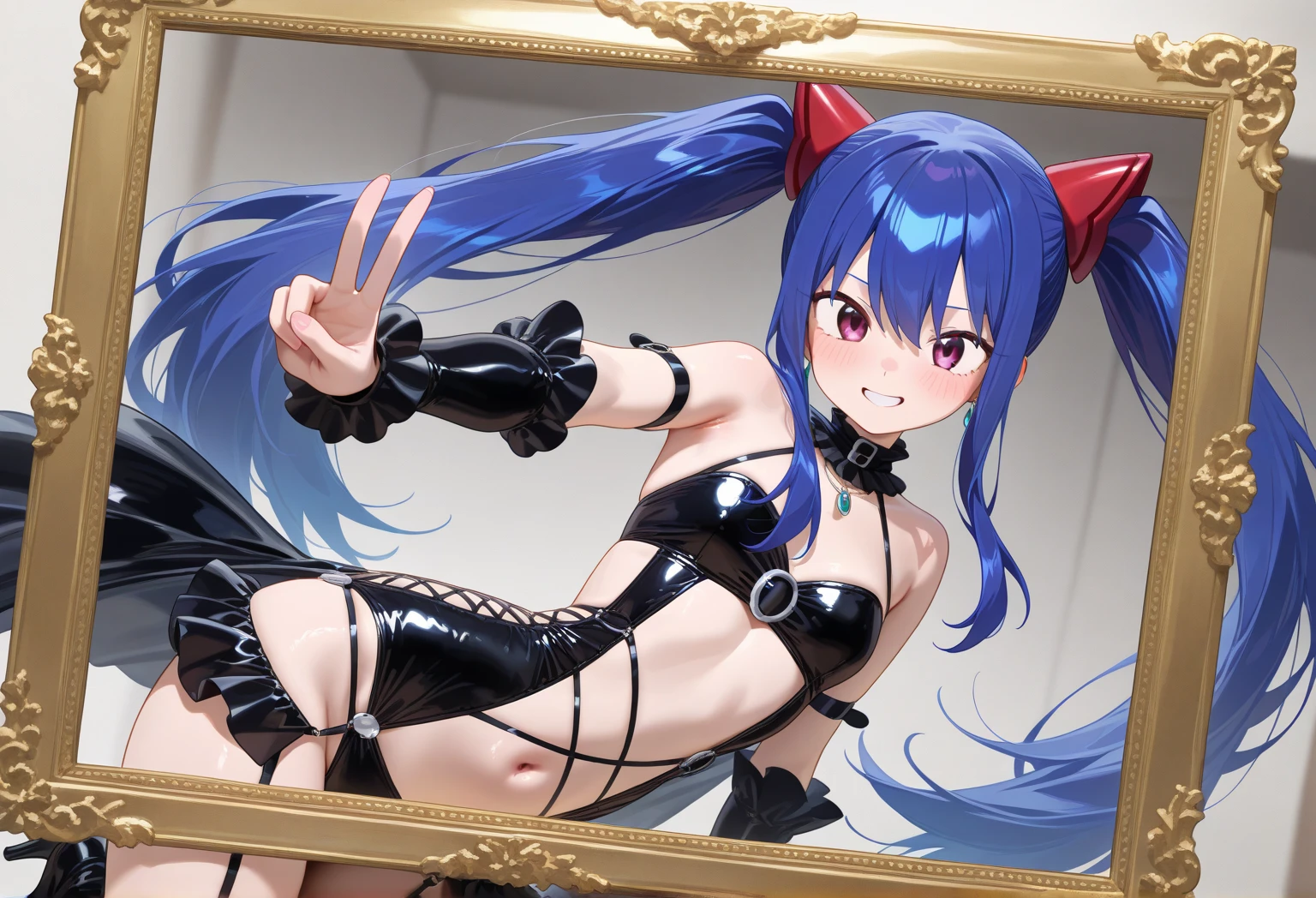 Wolf Ears,Big Breasts,Blue Hair,long hair,Torn,Raise one arm