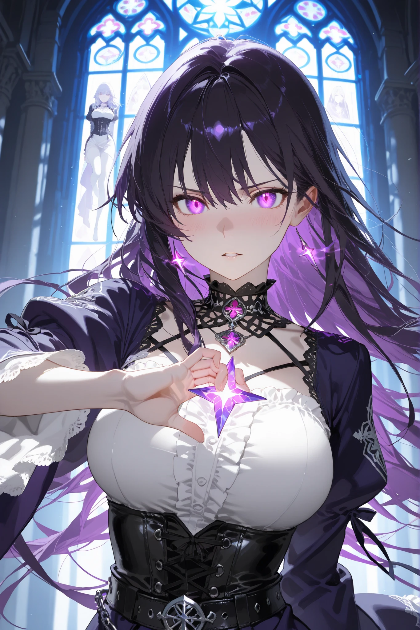 masterpiece, best quality, ultra high definition, high resolution, noise-free, (slender woman with firm medium-sized breasts:1.2), short chin-length wavy black hair with purple highlights and sharp angular ends, intense glowing lavender eyes, mysterious confident expression with slightly parted lips, smooth pale skin with subtle blush, ornate layered black and white gothic mage robe with torn tattered edges and flowing ribbon tails, corset bodice with silver filigree and gemstone accents, high-neck lace collar with ruffle details, long bell sleeves with laced cuffs, intricately patterned thigh-high stockings and strapped garters, knee-high lace-up boots with silver buckles, slender waist accentuated by cinched leather belt with dangling chain tassels, elegant magical staff topped with glowing star emblem and swirling arcane runes held firmly in right hand, left arm gracefully extended outward with fingers splayed emitting sparkles, (dynamic three-quarter front view pose:1.1), body slightly twisted at the waist, right leg forward with bent knee, left leg extended back with toes pointed, weight shifted gracefully, fabric and hair swirling around figure in dramatic motion, precise recreation of angle and silhouette, (upper body:1.5),swirling dark purple magical energy arcs encircling figure, floating glowing glyphs and particle specks, gothic cathedral interior at night with towering stained glass windows casting colored moonlight beams, carved stone columns and arched ceilings, scattered broken stained glass fragments, dramatic chiaroscuro lighting with strong purple rim light and subtle fill light, volumetric light rays piercing mist, soft ambient glow and specular highlights on metal and fabric, painterly anime style with crisp line art, smooth gradient cel shading, cinematic depth of field with slight bokeh, ultra detailed textures on fabric and stone, 8k resolution, anti-aliasing, digital painting