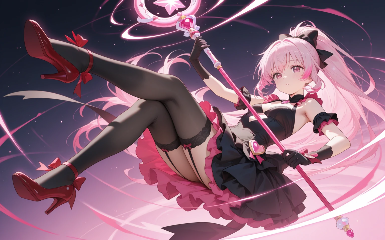 1girl, Angle from below:1.8, The girl bends forward to show off her breasts、Standing、Spread your legs, (shiny white skin:1.6)、Glowing Eyes, ((Sexy evil grin)), ( girl), Kaito Saint Tail、ponytail、breasts, pink rips, garter belt, ((((Velvet sleeveless vest, see-through)), (Velvet long gloves), (Velvet bow tie), small breasts, (Pink flared skirt)、Shiny black thigh-high socks))、thighs, ((black pantie)), ((The chest buttons are open)),The area between her breasts is exposed、 (crotch),((foot)), ((girl on top)), 1boy, penis, eject cum, Angle to look up at the crotch、Moonlit Night、Building district、rooftop、(focus crotch), (have a whip)、She is standing and giving a footjob to the penis、(footjob), 1boy, penis, ((eject cum)),