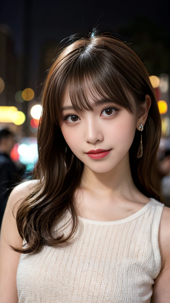 Tabletop, highest quality, shape, Very detailed, finely, High resolution, 8k wallpaper, Perfect dynamic composition, Finely beautiful eyes, one piece,Medium Hair,Natural color lip, smile,2、cute、Looking into the camera、F cup、Brown Hair、Blurred night New York background,Earrings,(Pin-Curls),model posing,