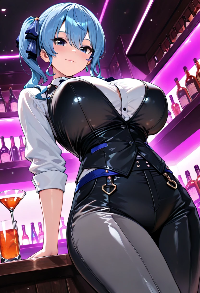 (masterpiece:1.3), (8K, realistic, RAW photo, highest quality: 1.4), (Young Adult Girls), beautiful face, young and beautiful big breasts、big cleavage、(thin face、big earrings、wrist accessories、waist accessories), Beautiful gray blue and pink multicolored hair、realistic eyes, beautiful and detailed eyes, ((realistic skin、迸るSweat、oil skin,sparkling skin、realistic skin texture、詳細なbeautiful skin、shiny skin、shiny skin))、beautiful skin, break、(large zipper in front、off shoulder、sequin ribbed fabric sweater dress、big breastsサイズ), evil smile、charm, charm的な、ultra high resolution, 超realistic, very detailed, beautiful feet、細くcharmな太もも、((full shot :1.8)) , Office lady、((スレンダーbig breasts、slender body、small face、thin neck、thin body、thin arms and legs))、(((night club、Night BAR、disco Club、gorgeous neon lights、bar counter、laser beam effect、pink and blue neon lights))), Shadow、break、Looks embarrassed、((Sweat, vapor))、(cowboy shot:1.5), drooping cut length、cold gaze、scornful face、Contemptuous face))、(slender body、big breasts、Long breasts、saggy breasts、Weaning), break、((bite your lower lip、elongated tongue、fluorescent pink gloss lip))、(Sexy Standing Pose)