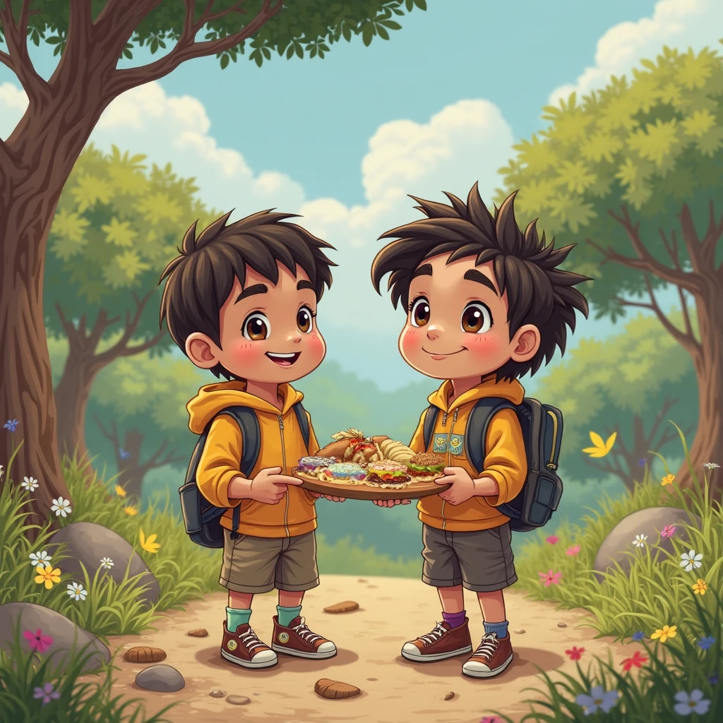 create a realistic 4k image of a black haired boy with a hawk on his shoulder and next to him another black haired boy wearing glasses with a cake in his hand