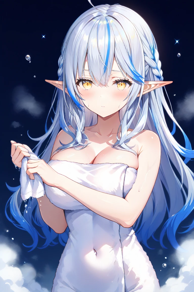 yukihana lamy,high res image,masterpiece,best quality,woman,cute face,clear skin,shiny hair,ultra detailed eyes,simple background, naked towel, towel,soap,shower,water,wet