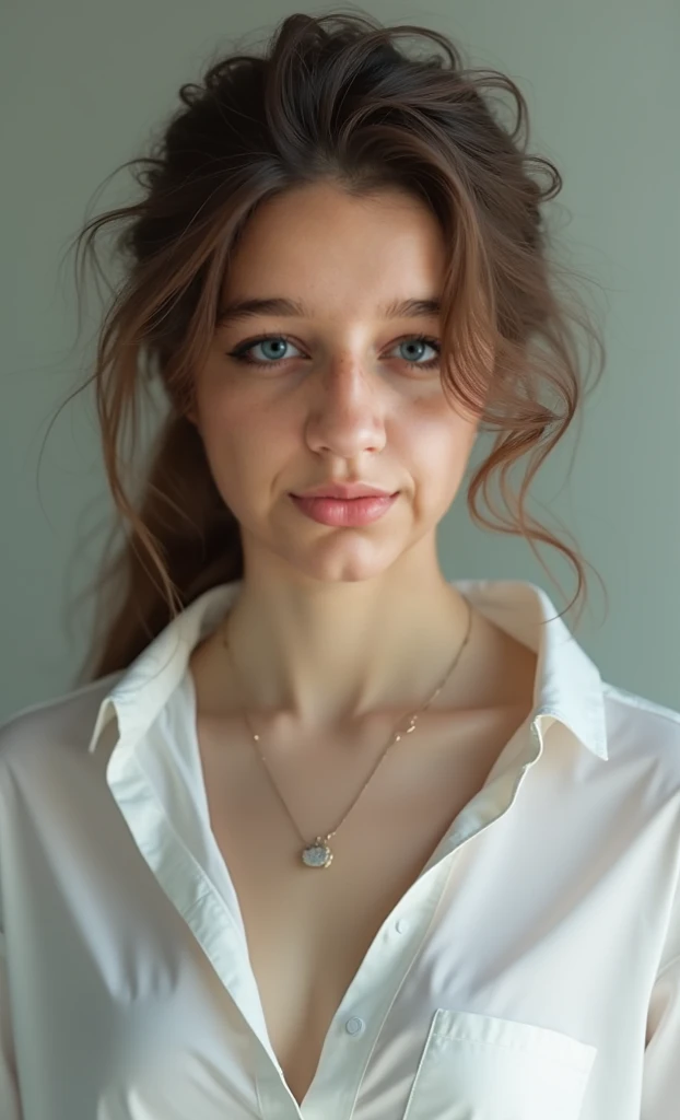 (Please generate an image of a young woman wearing a shirt and necklace. She has brown hair, The large, eBlue eyes, and a subtle, natural makeup. The photo should show her without visible makeup, She should look directly into the camera. The face should look real and natural. Full body shots of this attractive woman should feature eye-catching poses, She has sharp blue eyes. The girl's temperament is very sweet, And the posture should be very sweet too. Please confirm the woman'The entire body is visible in the image. The background must be clear、Neatness. The details of the image should be of high quality(Best quality)), ((tmasterpiece)), (Detailed pubic hair), is a perfect face