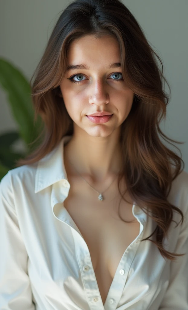 Hannakhovo in office in business work attire, (Brown long-sleeved shirt), sportrait, Beautiful face, beautidful eyes, outside, sportrait, Shy smile, opening eyes, an award winning photograph, best qualityer, full bodyesbian, Hannahowo, windblown brown hair, Port 400, F2.8, natural color, Detailed textures, Natural lighting, Zeiss, Medium format, Bokeh, Eye contact