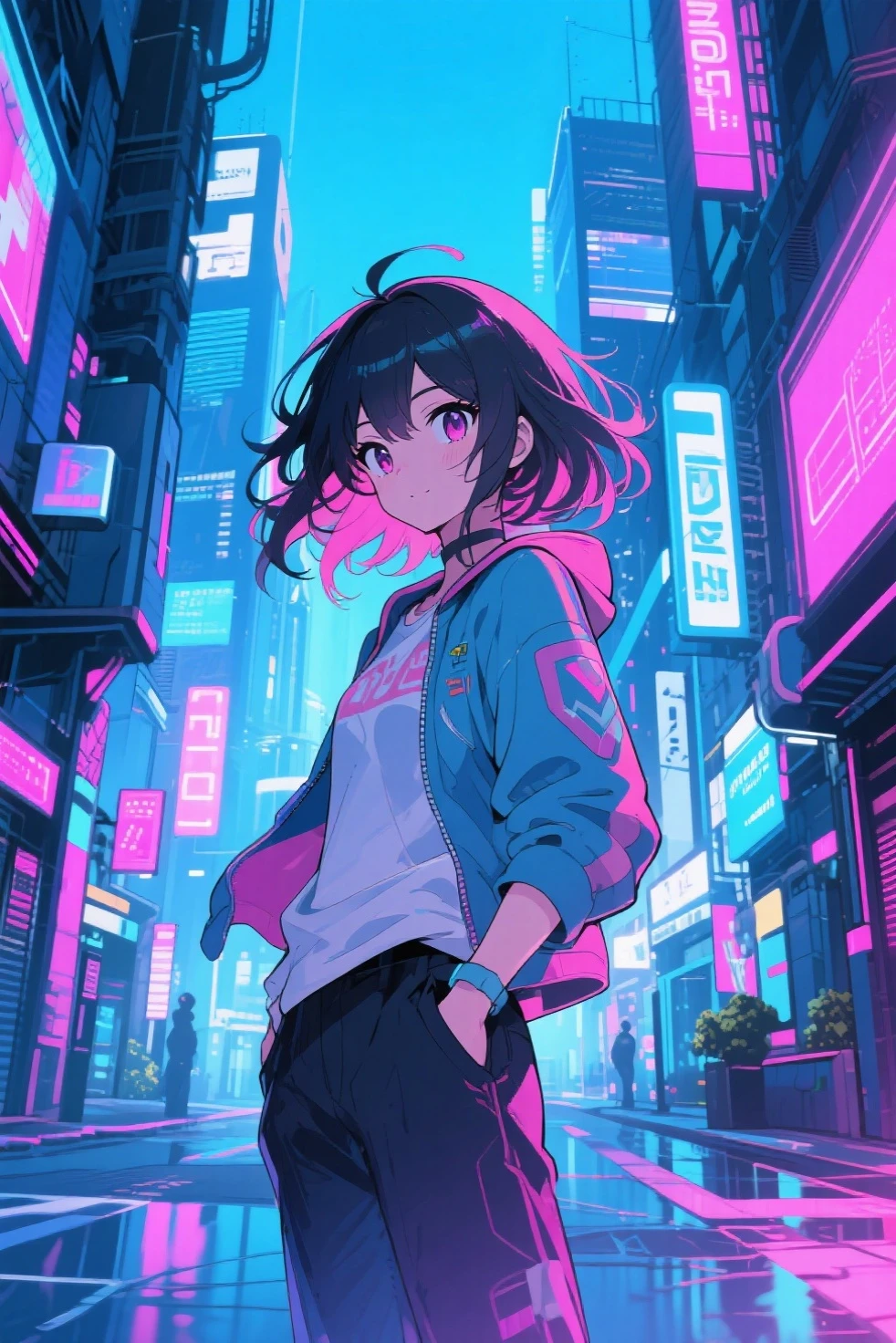 masterpiece,Highest quality,1 Synthwave style girl,Blue outline,Neon lit street,Blue fluorescent paint,alone,From above,Cowboy Shot,Sitting on the roof of a building,Highly detailed CG,Flat Color,Limited edition palette,No Line Art,silhouette,Partially colored,Alternative color,Dynamic Angle,Blue long top champagne,Purple Shadow,Synthwave,chromatic aberration,(alone focus),Perfect Shadow,Completely naked,Delicate face,,Beautiful and delicate eyes,Delicate background,Blue Neon Light,