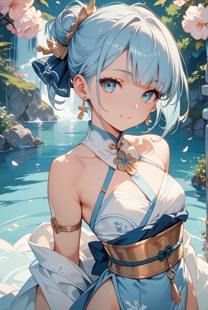 (((Masterpiece))), (((Highest quality))), ((Ultra-detailed)), ((Super fine illustration)), ((Ultra-fine painting)), (16K highest quality wallpaper:1.4), (Upper body:1.6), HDR, (Highly detailed and delicate illustration style:1.8), Detailed skin texture, Detailed cloth texture, Extreme detailed description, (Highly detailed face:1.4), (Highly detailed silver fox ears:1.2), (Highly beautiful and detailed low-ponytail:1.2), (Highly beautiful and detailed blue eyes:1.2), Original, Intricate details, Super details, (Perfect anatomy:1.4), (Highly detailed hands:1.2), (Highly detailed fingers:1.2), (Highly detailed fingertips:1.2), (Sexy), (Sexy), (27-years-old:1.4), (Solo:1.6), ((A very beautiful and attractive silver (fox:1.2) female fashion model:1.4)) BRAKE (Beautiful and adorable silver fox ears:1.6), (Highly detailed and delicate silver fox ears:1.2), (Beautiful and well-shaped big breasts:1.2), (Beautiful and well-shaped buttocks), (Beautiful and shiny rainbow-colored low-ponytail, colorful low-ponytail:1.4), (Highly detailed and delicate silver low-ponytail:1.4), (Beautiful and clear blue eyes:1.5), (Highly detailed and delicate blue eyes:1.2), (Highly detailed face:1.4), (Smile:1.5), (Blush:1.3), (Looking at viewer:1.4), (Dynamic pose:1.2), (Celebration:1.4) BRAKE (Bright white Off-the-shoulder and cleavage traditional Japanese kimono:1.4), (Turquoise-blue traditional Japanese hakama skirt:1.4), (Off-the-Shoulder and cleavage Japanese traditional costume:1.2) BRAKE ((Very beautiful and detailed waterfall in the background just after a summer afternoon:1.4), Very beautiful and detailed waterfall just after a summer afternoon:1.2) BRAKE (NSFW) BRAKE