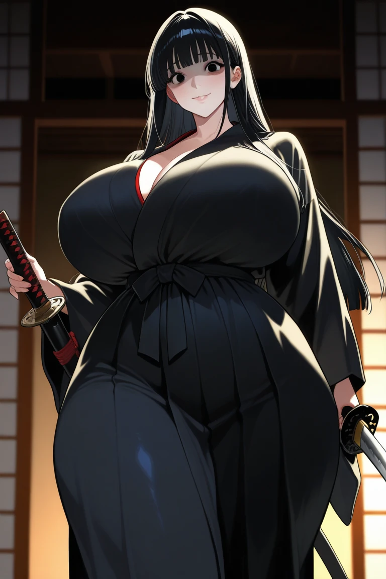 Tall girl with huge chest and long white hair and bright green eyes and pink lips and medium nose and curvy body and she is wearing a long metallic black kimono and a long shiny black skirt and she is carrying a stretchy katana.