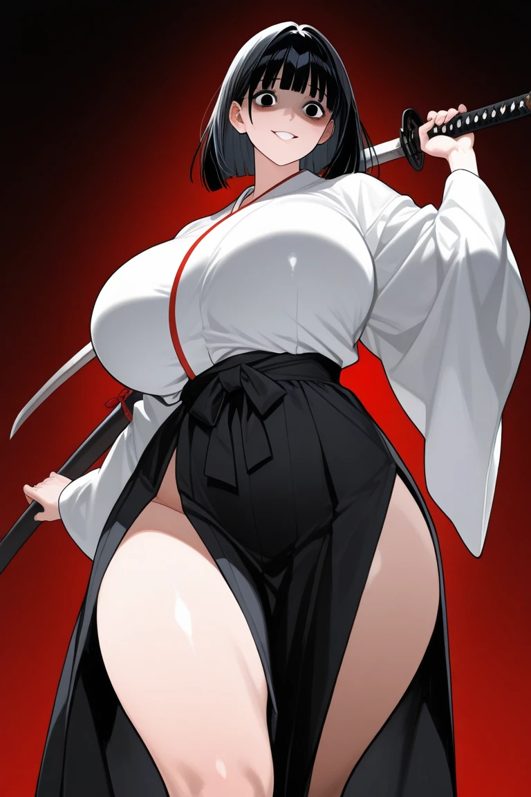Samurai woman with gigantic round breast that are three times the size of her head, she has extremely wide hips, she wears a long dark hakama that covers her body, holding katana, she has a serious look on her face, ready for battle