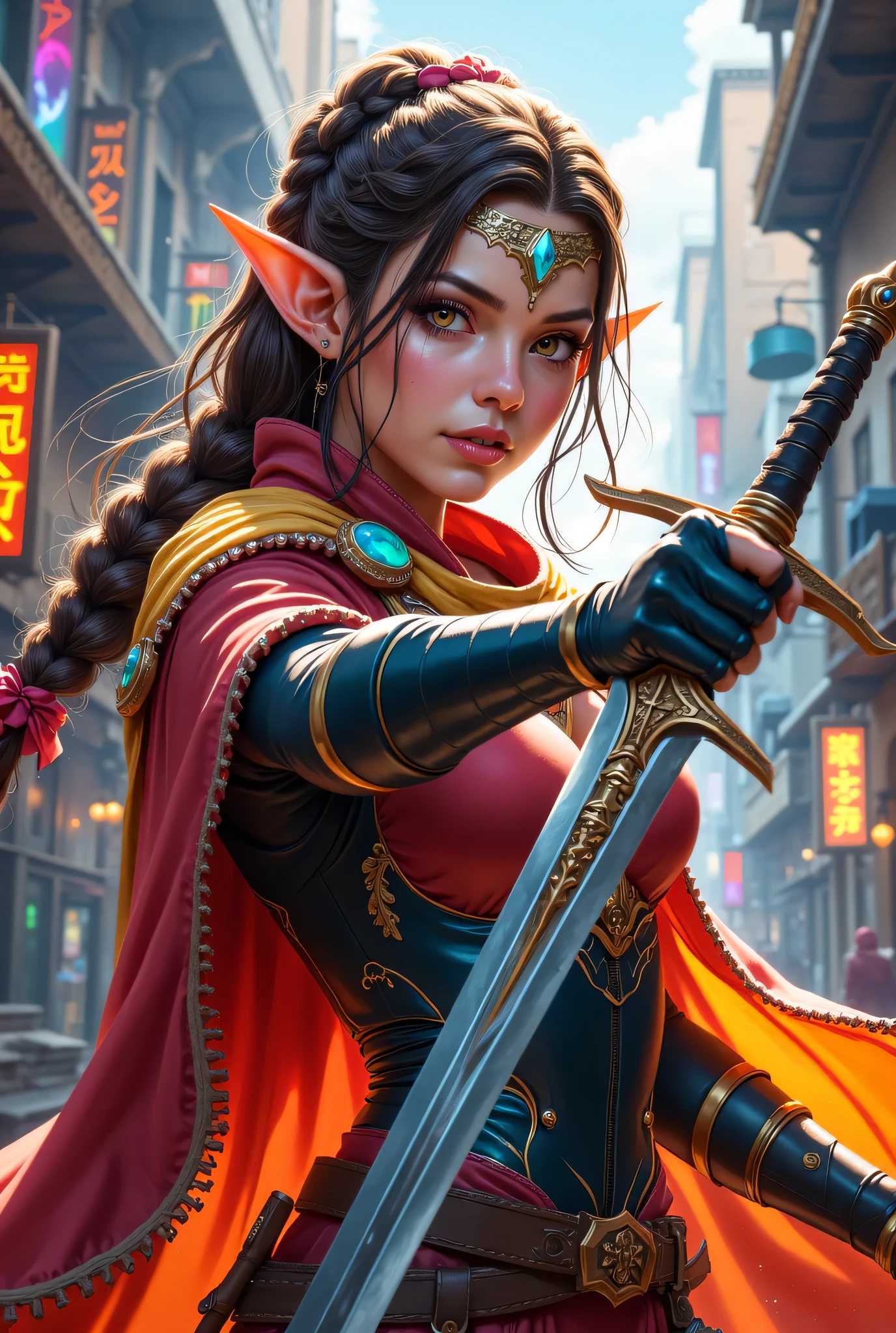 a picture of a female elf (intense details, Masterpiece, best quality) fantasy swashbuckler, fantasy fencer, armed with a slim sword, shinning sword, metallic shine, colorful clothes, dynamic clothing, an ultra wide shot, full body (intense details, Masterpiece, best quality)epic beautiful female elf (intense details, Masterpiece, best quality), rich hair, braided hair, small pointed ears, action shot, GlowingRunesAI_red , colorful magical sigils in the air, colorful arcane markings floating,  holding a sword (intricate details, Masterpiece, best quality), fantasy urban street (intense details, Masterpiece, best quality),  purple cloak, long cloak (intense details, Masterpiece, best quality), sense of daring, sense of adventure,  high details, best quality, 8k, [ultra detailed], masterpiece, best quality, (extremely detailed), dynamic angle, ultra wide shot, photorealistic, RAW, fantasy art, dnd art,fantasy art, realistic art, Celestial Fantasy, zavy-ctcmcs, w1n