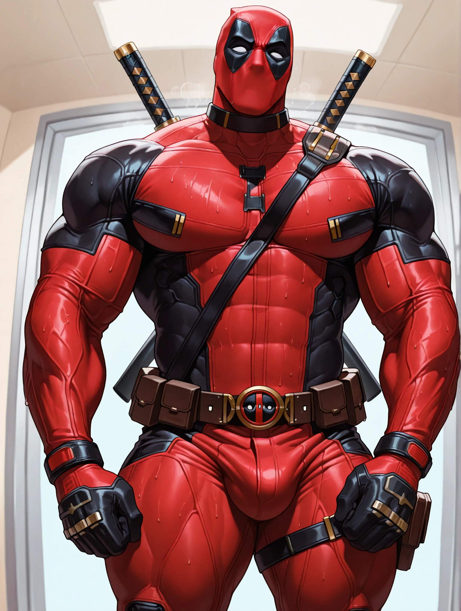 a image of Deadpool, wild muscular Deadpool, handling his , (47 years old daddy:1.1), skinny hunk, hot, big shoulders, musculature, deadpool uniform, soaked of milk Deadpool , sweaty hairy chest showing , steamy environment, orgay expression Deadpool, laying on a bed, looking his cock, rela hard cock droping m view from down, Cinematic lighting, too much milk and cum in chest and by, RAW realistc photo, Intricate details, hdr, (Best quality, A high resolution, Photorealistic),