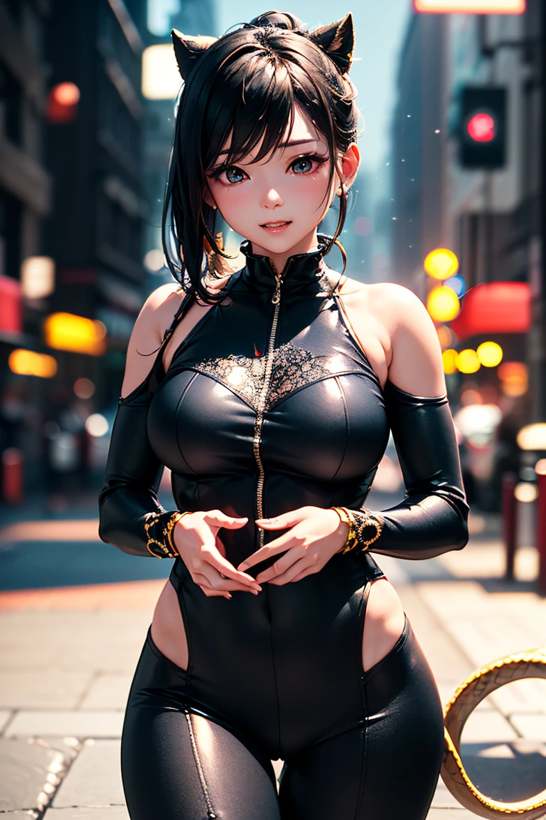 Korean star girl, (38 years old), in the city square, night, slender, ponytail, happy expression, (from front view), (masterpiece, best quality, extremely detailed, hyper realistic)
