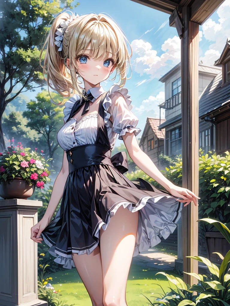 (masterpiece,highest quality,超A high resolution),Japanese women, (((Very beautiful 18 year old girl))), pretty girl、Look at the photographer､ ((Beautiful blonde bob hair)), Very cute face, Glossy Lips, Double eyelids on both eyes, blue eyes, Natural smile、 Natural Makeup, Long eyelashes, Shiny and smooth hair､Center image, Perfect limbs, Perfect Anatomy,(((Mesh Peplum Top,white panties、bottomless)))、panties around one leg,Bite、Streaks are visible、Wet with sweat,Cowboy Shot,Accentuate your butt、Big Ass、