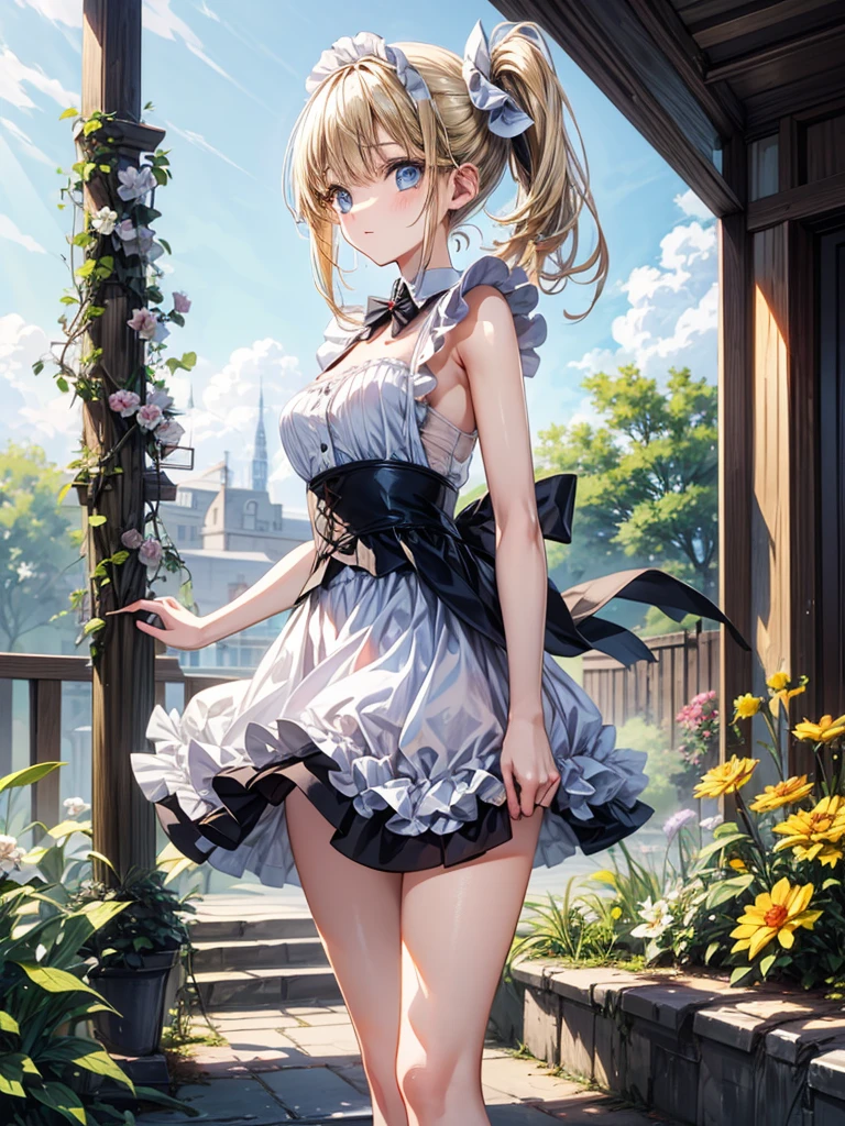 (Natural finger shape:1.5),((Full Body Shot,Including face)),Standing position,4K,masterpiece,((Focus on the face)),((Symmetrical facial features)),Beautiful woman,slender、Excellent style,Beautiful feet,,(High heels),Detailed depiction of the face,Small earrings,necklace,,((Sleeveless,skirt)),blue blonde,(Panty shot:1.2),、Cocktail Dresses、広がったskirt