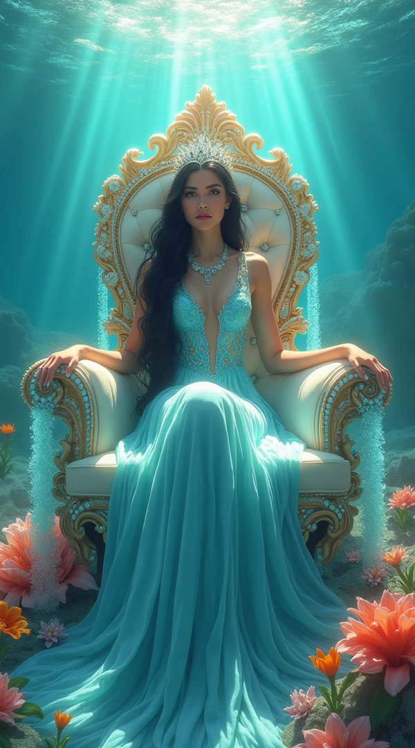 Heavy rain, lightning, full body, close-up of a woman in a transparent dress, deep V-shaped neckline in transparent multi-tone silk material, detailed fantasy art, sitting on a throne inlaid with gems under the sea, long legs, stiletto heels, right-handed rifle, left-handed flower, wearing a fine hair ornament, beautiful necklace, seen over her shoulders, bare shoulders and collarbones, larger, detailed fantasy art, stunning character art, epic exquisite character art, extremely detailed Artgerm, (High Detail Skin: 1.2), (Torn Clothes: 1.5), (Wet Clothes: 1.4), Crying with Open Eyes, Art Deco, High Detail,