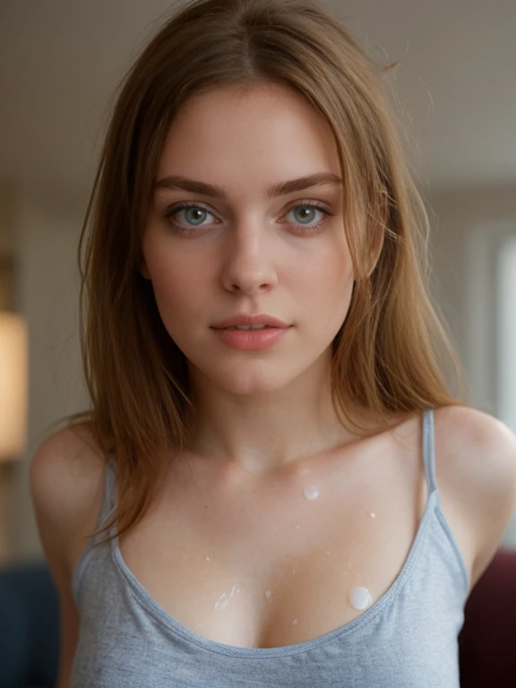 (high quality,4k,8k,highres,masterpiece:1.2), ultra-detailed, (realistic,photorealistic,photo-realistic:1.37), ((((supermodel face)))), ((18 years old girl)), ((redhead long hair)), thin face, ((thin pointy nose)), ((((blue eyes)))), vivid colors, studio lighting, sharp focus, (innocent faced, childish face), (((pink cotton top tank, cleavage, perfect body))), ((picture of breast and face)), flat belly. ((((cum on cleavage)))), ((((sun tan))))