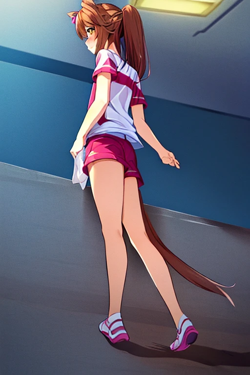 ((table top,highest quality,super detailed,8K)),Brown_hair,makise_kurisu,Are standing、alone,1 girl、perfect face,red_hair,purple_eye.(close_mouth),flat chest、((紺の袖mouthに白い半袖体操服))、((Navy high-leg bloomers))、(volleyball uniform)、(
barefoot)、dark blue socks、sports boots、big smile、playground、backwards、look back