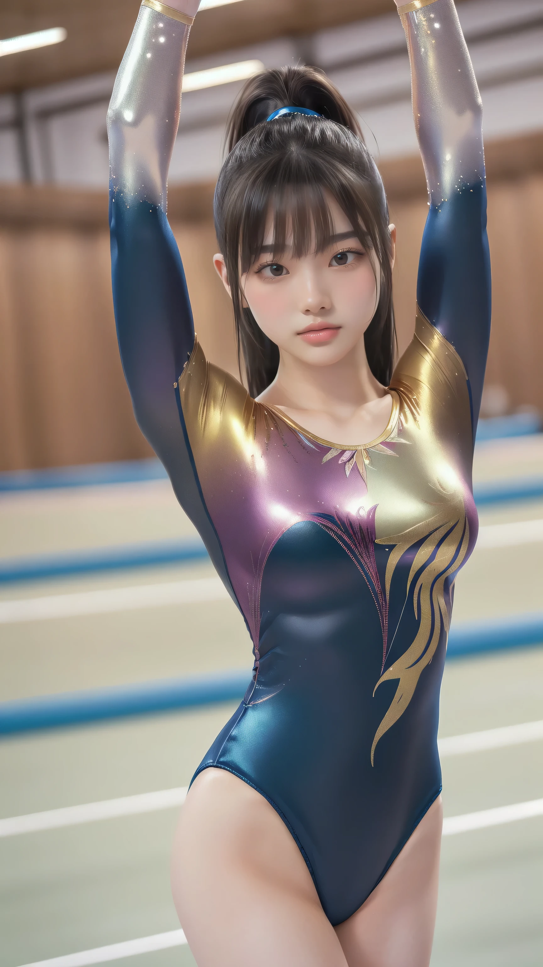 ((indoor, 新Gymnastics competition venues, Gymnastics competition venues:1.3)), Vibrance, Natural colors, (Highly detailed skin, Beautiful realistic face, White skin, Pointed Chest, Small nipples, Accurate anatomy, Realistic eyes, Natural Eyes, Brown eyes, Accurate eye focus, Accurate limbs), (Hyper Realist, ultra-realistic, 4K, Attention to detail, Ultra-high resolution, Highest quality, masterpiece, Presence, dynamic, Uplifting, bold, Sharpness), (Thinning hair:2, Soft Hair:2, Straight hair:1.5, Long, slicked bangs, Light copper amber hair, Hair on one eye, Twin tail hair), (Female gymnast, Detailed costume, Wearing a long sleeve leotard:1.5), Shiny long sleeve leotard, Metallic colors long sleeve leotard, Racing long sleeve leotard, Gymnastics Long Sleeve Leotard, ((High leg long sleeve leotard, A long-sleeved leotard with lots of Swarovski embellishments)), ({Metallic red color| Metallic purple color| Metallic white color| Metallic navy color| Metallic pink color| Metallic gold color| Metallic silver color| Metallic black color| Metallic colors}Long sleeve leotard colors), (Big Breasts:1.5), Tall, Elongated arms and legs, Small waist, Small hips, ((On all fours, Doggy style, I'm sticking my butt up, Sticking out her butt)), Accentuate your buttocks, The long-sleeved leotard is digging into her butt, Full body portrait, Emphasize the chest, Looking into the camera, smile, barefoot, (Underhair does not grow),