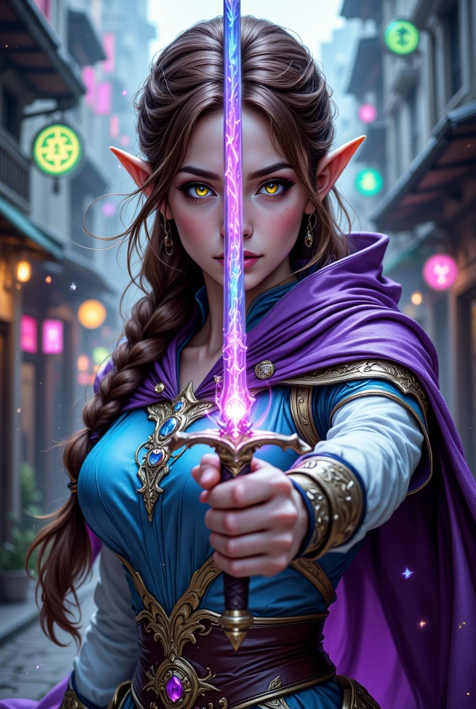 jedi, purple lightsaber, elf, skimpy robe, fit, large breasts, wide hips, blue eyes, realistic, high quality, telekinesis, beautiful female, wielding a lightsaber, temple background, long hair, black hair, pale skin, flawless skin, one-handed lightsaber, huge breasts, exquisite face, detailed face, makeup