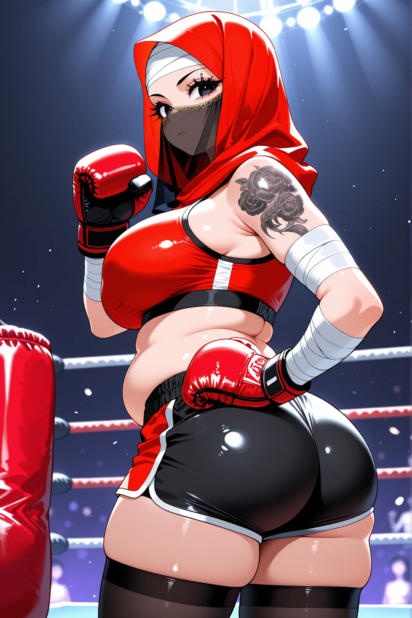 Score_9, Score_8_up, Score_7_up, solo girl, big natural breasts, nice rounded ass, chubby figure, body piercing, black eyes, silk hijab, face veil, white and red top, black legging shorts, mma gloves, bandages, shiny stocking, long eyelashes, make up, belly piercings, body tattoos, punishing a boxing bag, fighting ring, soft ambient lighting