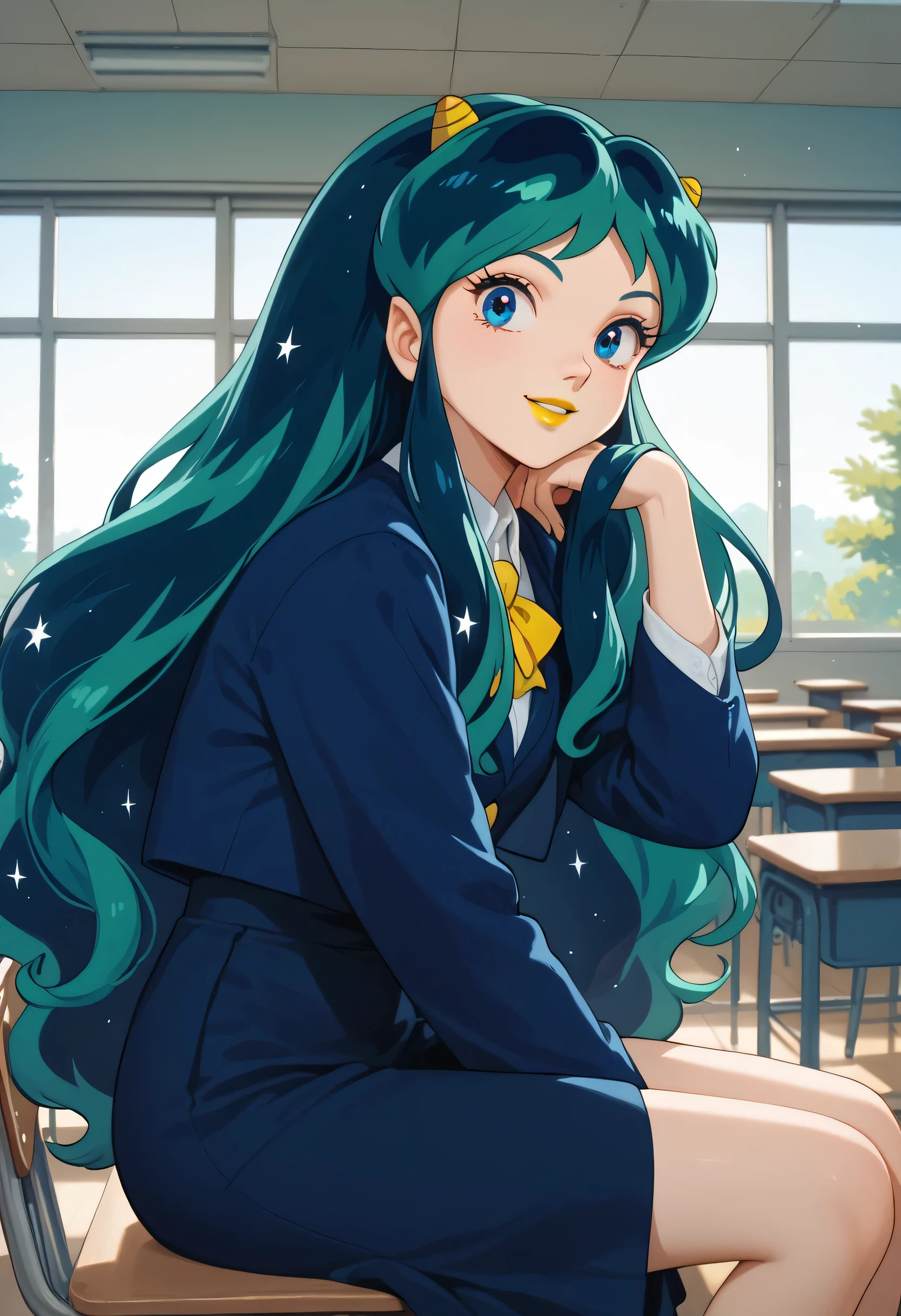 woman, anime style, yellow lipstick, looking at viewer, sitting, classroom, focus on character, white skin, blue eyes, blue-green hair, cosmic hair, female Japanese school outfit, small yellow horns, loose hair, side view, long hair, happy, cheerful, fantastic lighting, Lum, Urusei Yatsura, yellow lipstick, blue outfit