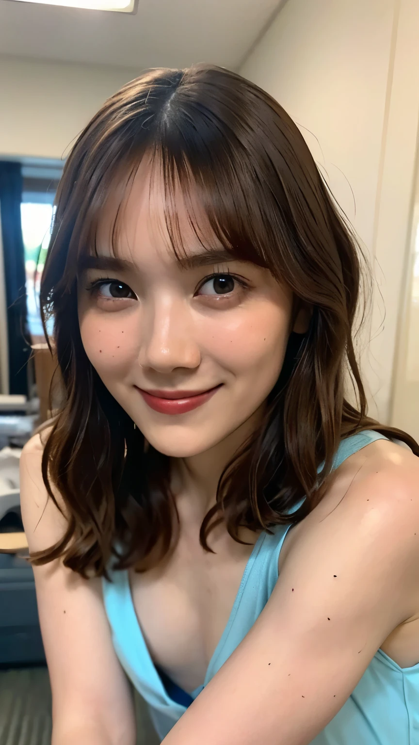 (A hyper-realistic), (illustratio), (hight resolution), (8K), (ighly detailed), (The best illustrations), (beatiful detailed eyes), (top-quality), (ultra-detailliert), (masterpiece), (wall-paper), (详细的脸), a bed、Upper body close-up,Armpit, A smile,Plump,独奏,Girl in white tank top with open chest, full of sweat, japanes, large full breasts, (camel's toe)、huge-breasted、Detailed, well-groomed white teeth、Ultimate Beauty、shot on the Canon EOS R 6、full of sweat、(beautiful detailed teeth)、Silver necklace、Park with sunshine、Perfect and beautiful female hands、Perfect tooth alignment、Perfect fingers、