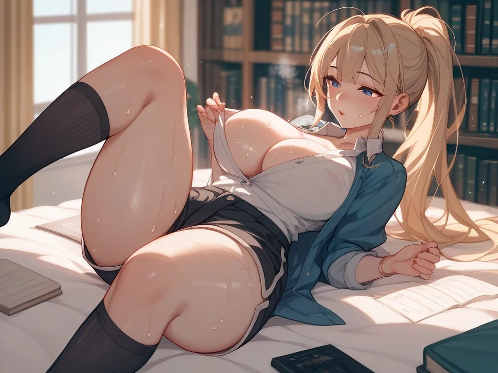 seductive anime girl, [ 4 k digital art ]!!,ultra realistic picture, overdetailed art, 8k high quality detailed art,curvy gyaru,dress shirt,short skirt,blonde hair,(tanned skin:1.4),cleavage,loose socks,lying on bed and spreading legs widely,(pussy focus),(sweaty),(blushed),smile,peace sign,(pubic hair),mascara,revealing clothes,humid,(cum in pussy,creampie:1.1),