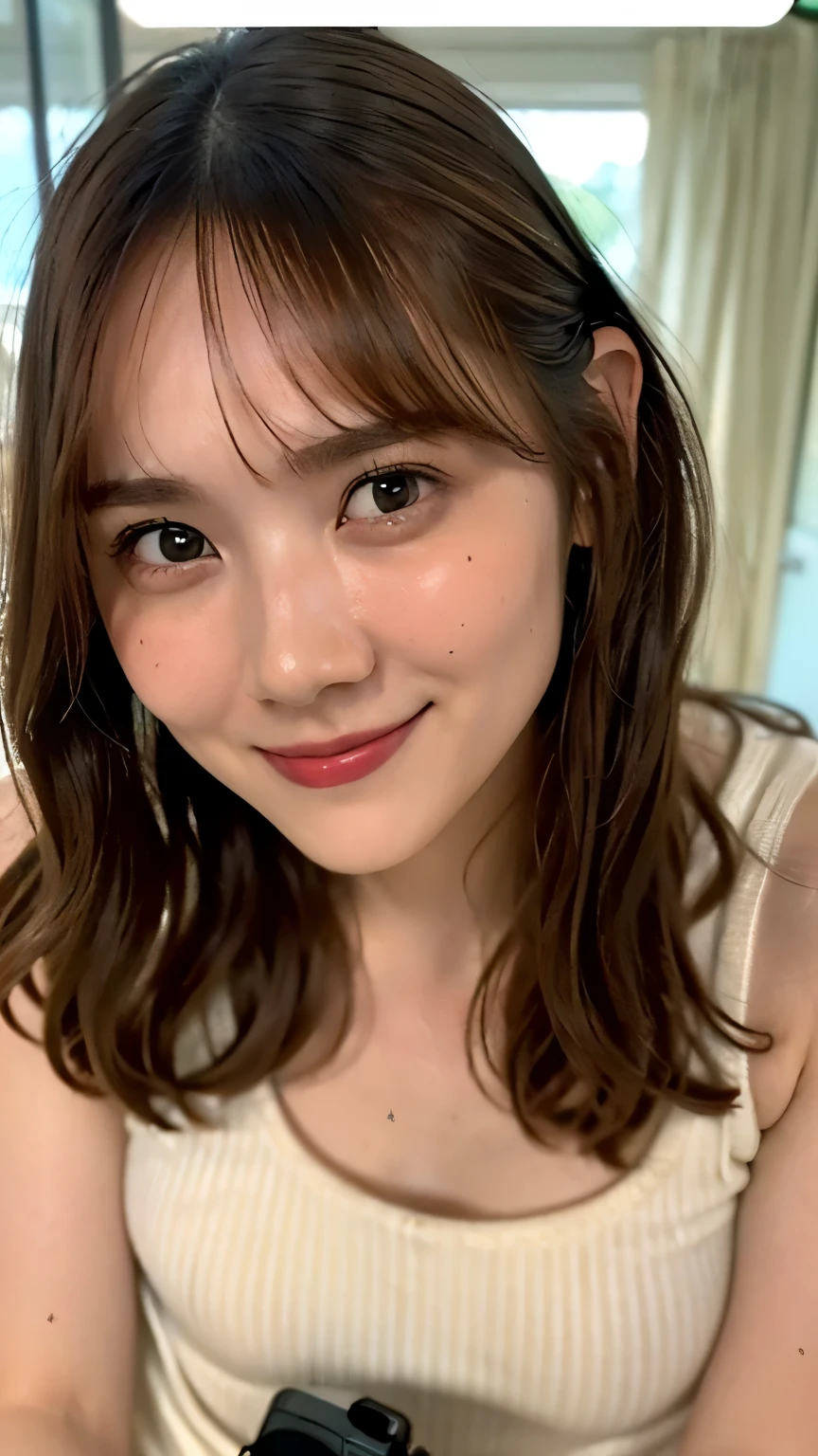 ((disposable film camera, instax)),(masterpiece,best quality:1.4),(8k,raw photo,photo realistic:1.2),shiny skin,detailed skin,detailed face,detailed eyes,1girl,Japanese idol,beautiful face, (((nfsw))), (short wavy hair), ((upper body)), ((small breast)), (smile, looking at veiwer), in room, dynamic pose,wearing Knit