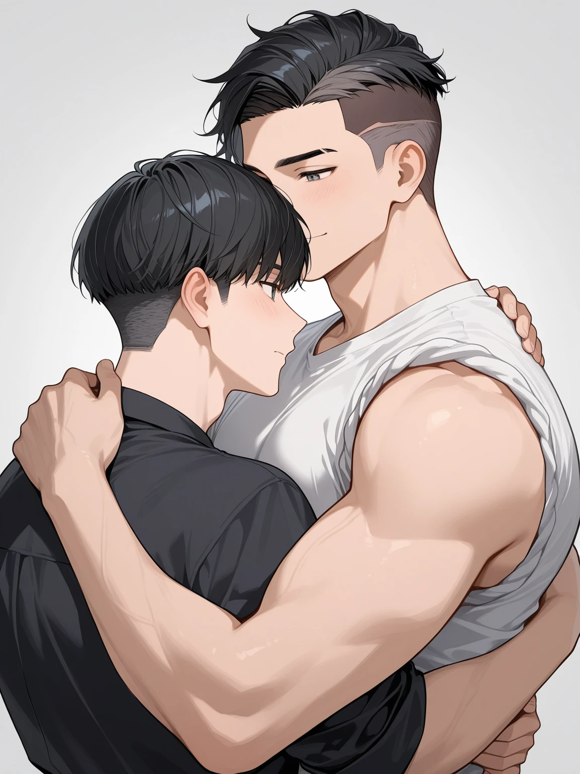 anime characters：Priapus and Dark-skinned muscular athlete, They hugged each other, kiss, Buzz Cut, Manliness, male focus, Sports tight hooded sweatshirt, Very tight, full and perky chest muscles, muscular male, muscular, only, Upper body, alone, Black short hair, Thick eyebrows, stubble, Brown-red pupils, Dark Grey background, simple background, amazing quality, best aesthetics, Ridiculous, crew cut, parted lips, flustered, endured face, shy, blush, negative space, negative space, best quality