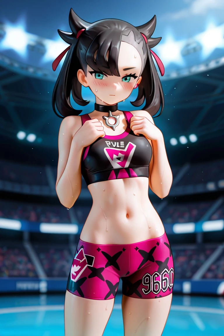 masterpiece, best quality, highres, hmmarnie, sparkling aqua eyes, choker, hair ribbon, model like looks, idol grace, sports bra, tight shorts, trunks, camel toe, cowboy shot, standing, gazing at viewer, sweaty, sweat drip, gym setting, gymnasium, blush