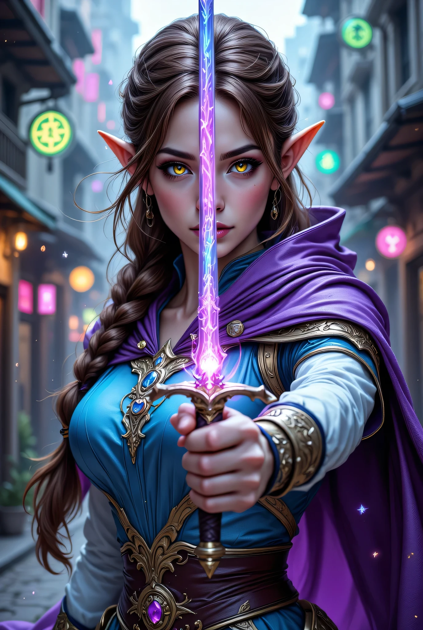 a picture of a female elf (intense details, Masterpiece, best quality) fantasy swashbuckler, fantasy fencer, armed with a slim sword, shinning sword, metallic shine, colorful clothes, dynamic clothing, an ultra wide shot, full body (intense details, Masterpiece, best quality)epic beautiful female elf (intense details, Masterpiece, best quality), rich hair, braided hair, small pointed ears, action shot, GlowingRunesAI_red , colorful magical sigils in the air, colorful arcane markings floating,  holding a sword (intricate details, Masterpiece, best quality), fantasy urban street (intense details, Masterpiece, best quality),  purple cloak, long cloak (intense details, Masterpiece, best quality), sense of daring, sense of adventure,  high details, best quality, 8k, [ultra detailed], masterpiece, best quality, (extremely detailed), dynamic angle, ultra wide shot, photorealistic, RAW, fantasy art, dnd art,fantasy art, realistic art, Celestial Fantasy, zavy-ctcmcs, w1n, hyp3rd3tail style