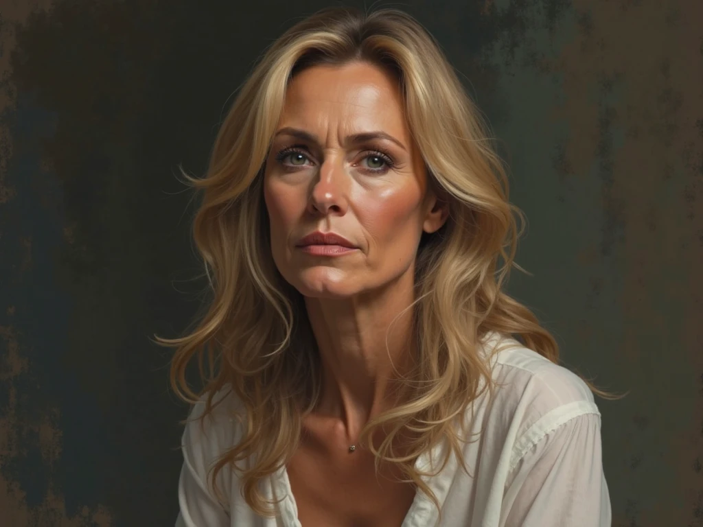 Photo of a mature american woman,Gilf,beautiful face,curly blonde hair,no bra,visible nipple, wrinkles, aged, necklace, crowded papers room, closeup, neutral colors, barren land,gigantic breasts,round breasts,big cleavage,see-through clothing,see-through cardigan sport bra,topless