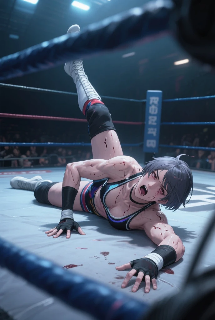 ((masterpiece)), ((high quality)), ((super detailed)), ((high resolution)) ,((8k)), a beautiful woman, ((She is one of the most famous female Gravure idol in the world.)), unparalleled beauty, ((huge breast)), ((large ass)), ((deep cleavage)), slim waist, chest out, ultra detailed face, perfect skin, (((Half-up hairstyle, Blonde Ponytail hair))), blue eyes, detailed eyes, whole body image, sexy, an inviting smile, sensual, (((anime))), ((glamorous)), sexual attraction, 26 years old, ((incredibly beautiful woman)), ((The H cup bust)), ((((sexy pose)))) , (((Sports Bra, Shorts))), ((beautiful breasts)), beautiful legs, 8 life size, anime, the most beautiful and strongest, ((charm)), ((Half Japanese and half British)), ((Grown-up face)), ((Open Finger Gloves, Five fingers)), ((Mixed Martial Arts, Good at ground fighting, Lie down on the ring with your legs apart)),