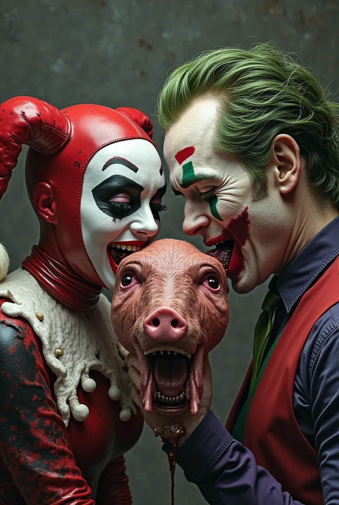 The painting by Alphonse Mucha depicts Harley Quinn laughing and happy. Her pet spotted hyena sits on her lap. The hyena wears a red collar with a black diamond decoration. The background features traditional graffiti stencil art of the classic Joker on the wall behind her.